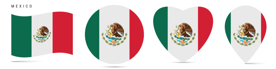 Mexico waving flag, round circle sticker badge, heart shaped icon, map pin. Mexican flag buttons of different shapes. Vector illustration isolated on white.