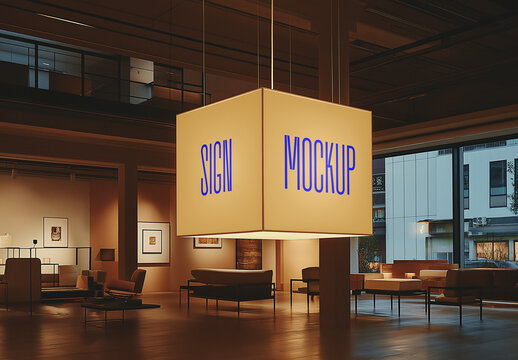 Hanging Cube Sign Mockup &ndash; Illuminated Indoor Branding Display for Shops and Galleries