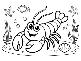 Cute Cartoon Lobster Coloring Page Ocean Scene