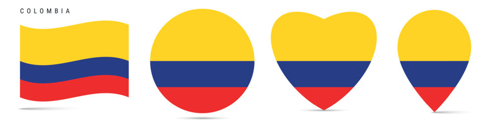 Colombia waving flag, round circle sticker badge, heart shaped icon, map pin. Colombian flag buttons of different shapes. Vector illustration isolated on white.