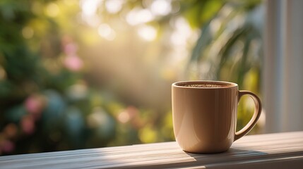 Obraz premium Warm Coffee Mug on Window Ledge with Soft Natural Light
