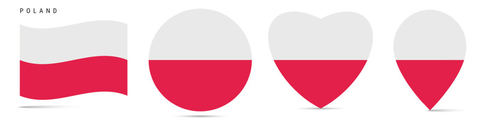 Poland waving flag, round circle sticker badge, heart shaped icon, map pin. Polish flag buttons of different shapes. Vector illustration isolated on white.