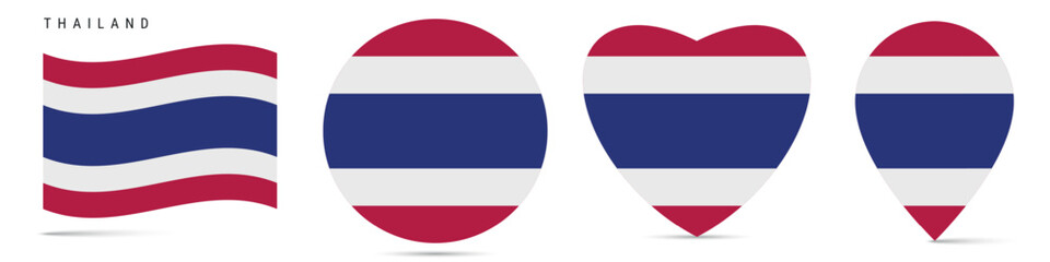 Thailand waving flag, circle badge, heart shaped, map pin. Flat vector illustration isolated