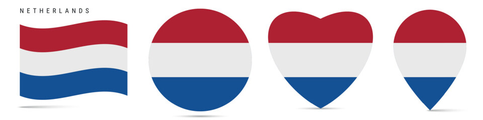 Netherlands waving flag, circle badge, heart shaped, map pin. Flat vector illustration isolated
