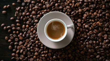 Fototapeta premium Cup of hot espresso amidst roasted coffee beans on dark wooden surface