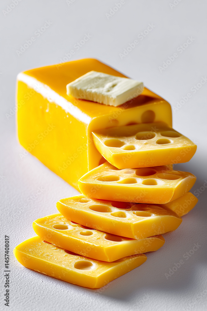 Poster cheese block sliced halfway and fanned out in minimalist style on white backdrop. clean and bright k