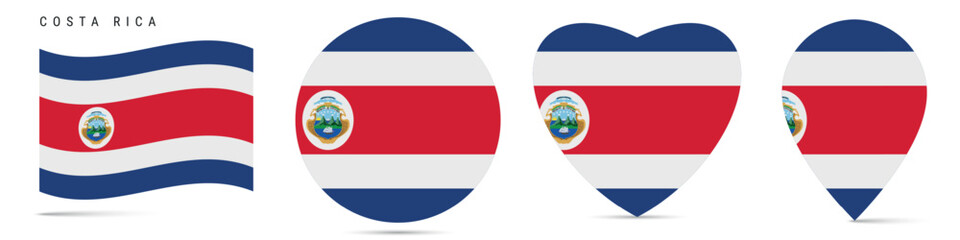 Costa Rica waving flag, circle badge, heart shaped, map pin. Flat vector illustration isolated