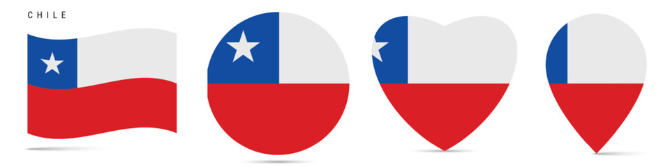 Chile waving flag, circle badge, heart shaped, map pin. Flat vector illustration isolated