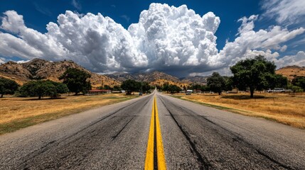 Scenic view of a long road stretching towards dramatic clouds and mountains