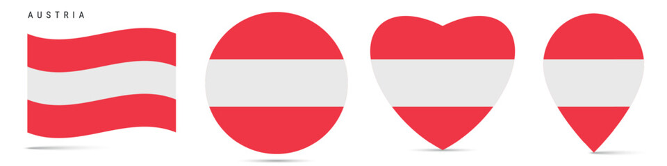 Obraz premium Austria waving flag, circle badge, heart shaped, map pin. Flat vector illustration isolated