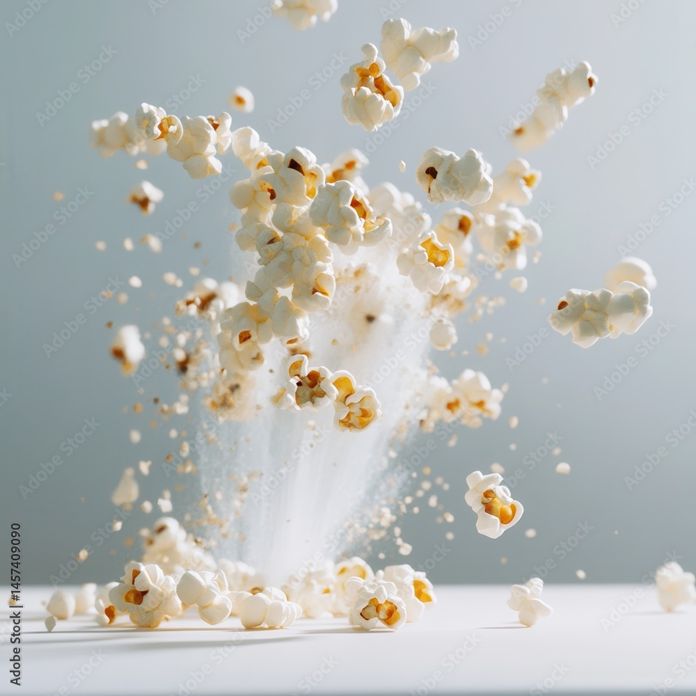 Fototapete Exploding Popcorn: A delectable dance of fluffy kernels in mid-air, capturing a moment of crispy delight and satisfying snack indulgence.