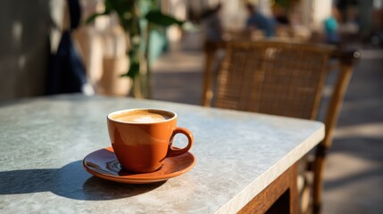 Warm sunlight on coffee cup at outdoor café table
