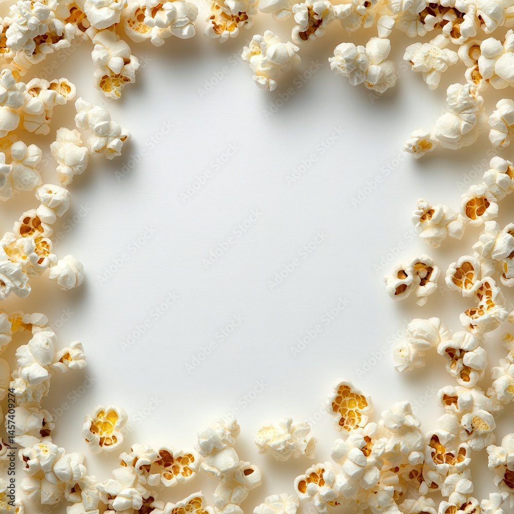 Poster Scattered popcorn creates a decorative border on a plain white background, leaving an open space in the center for text or design.
