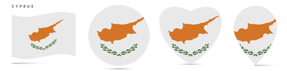 Cyprus waving flag, circle badge, heart shaped, map pin. Flat vector illustration isolated