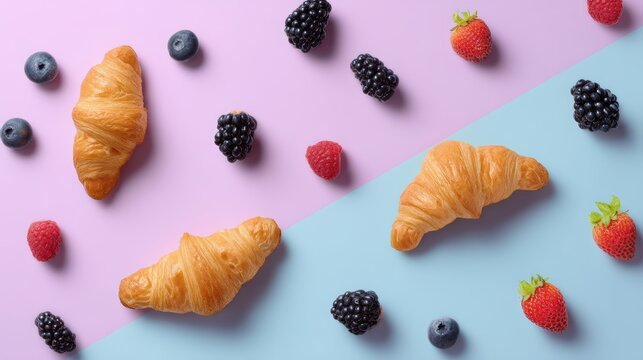 Assorted berries and croissants on pastel pink and blue background