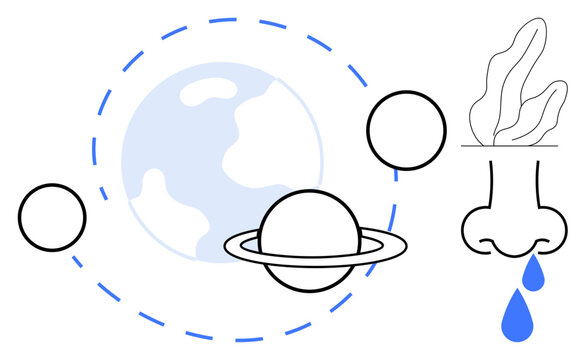 Stylized Earth, Saturn, nose with sneezing drops, and plants. Ideal for health, environment, allergy symptoms, climate science, awareness campaigns nature effects simple landing page