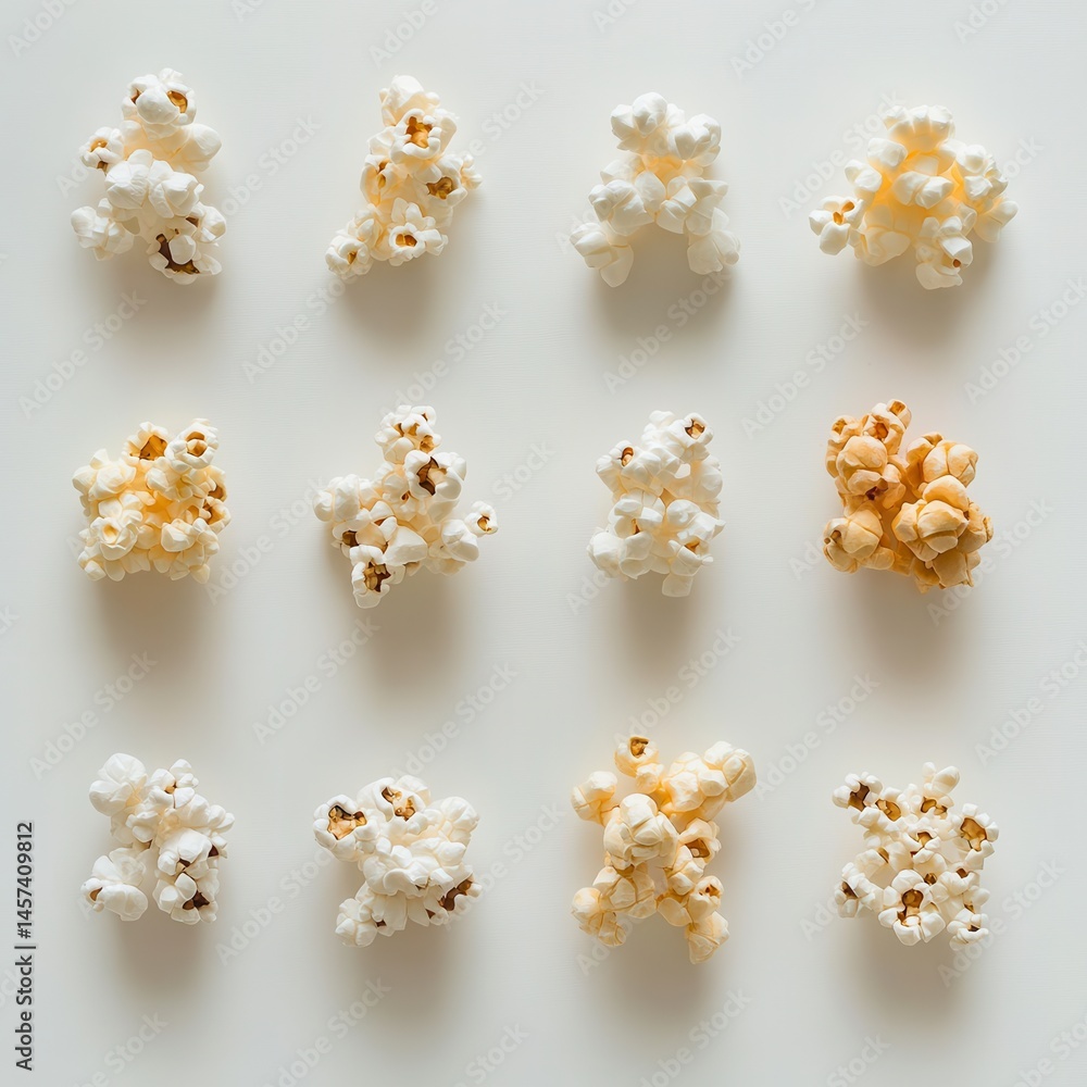 Poster grid of popcorn clusters, some white, some with caramel tones, casting shadows on a white surface, f