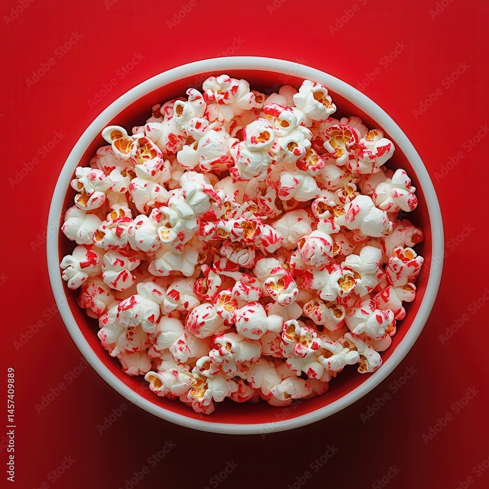 Poster overhead view of a bowl filled with white popcorn drizzled with red topping against a solid red back