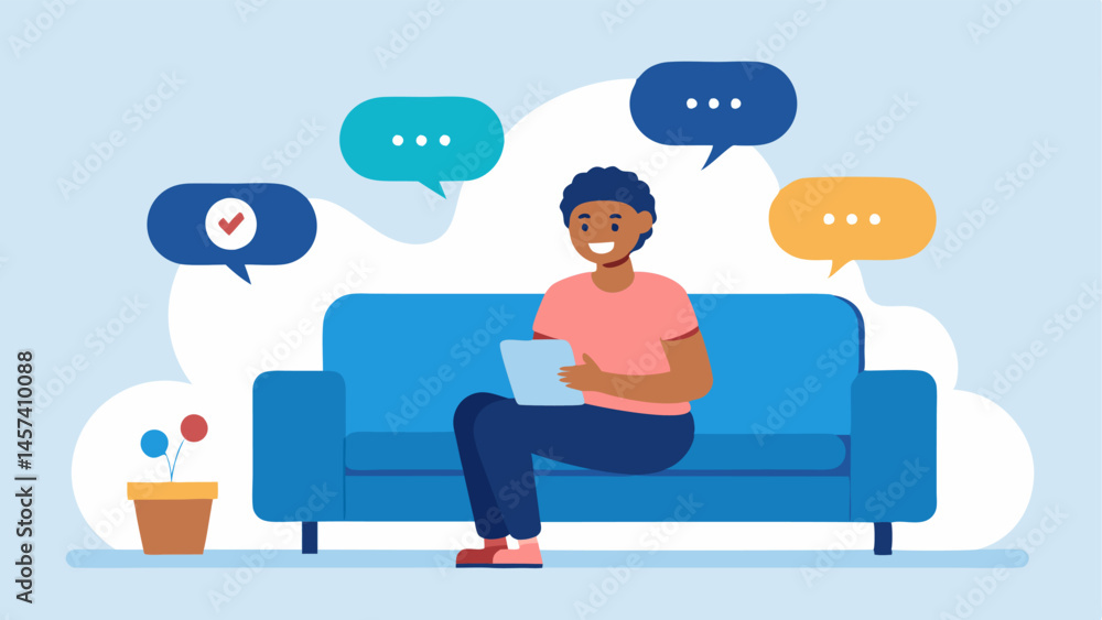 Poster digital connections a person sitting on a couch smiling while looking at their phone with friend ava