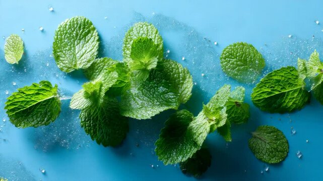 Arrangement of fresh green mint leaves with water droplets on a bright blue surface viewed from above, healthy food ingredient concept.