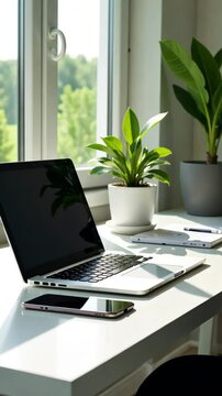 A laptop and smartphone sit on a wooden desk next to a potted plant, with soft sunlight streaming through a window
