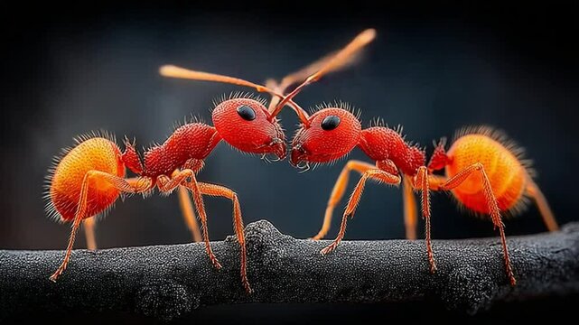 Ants Interaction in Macro: Two vibrant red ants engage in a captivating interaction, their antennae touching, set against a natural, blurred background.