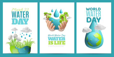 World water day, 22 March 3D design vector set, planet earth and aqua drop, ecology and environment conservation concept