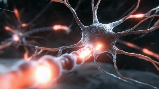 Close-up animation of neuron cells transmitting electrical impulses, scientific visualization of neural activity in the brain.
