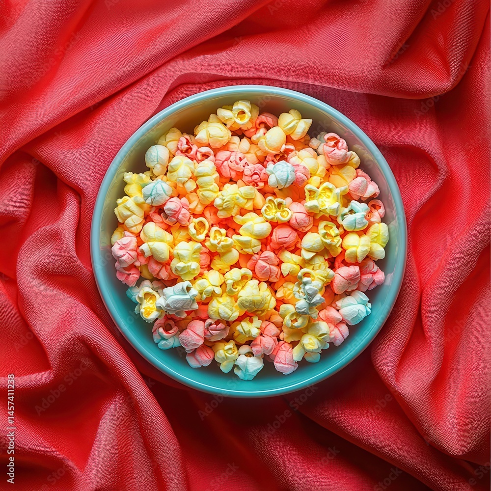 Aufkleber colorful popcorn overflowing from a teal bowl against a vibrant coral fabric, creating a visually ap