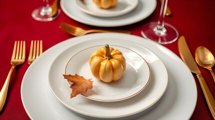 dining table setting for fall harvest season with pumpkins, red tablecloth