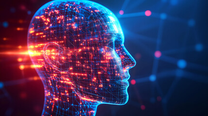 Futuristic Digital Human Head with Neural Network and Data Visualization
