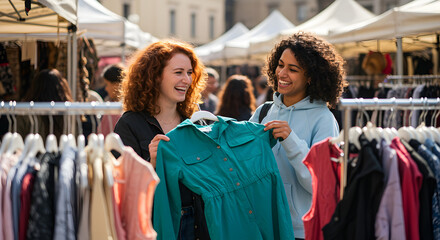 Fototapeta premium Two Smiling Women Examining Teal Dress at Outdoor Clothing Market Under Bright Sunlight