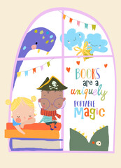 Cute Cartoon Children sitting on Stack of Books on the Window