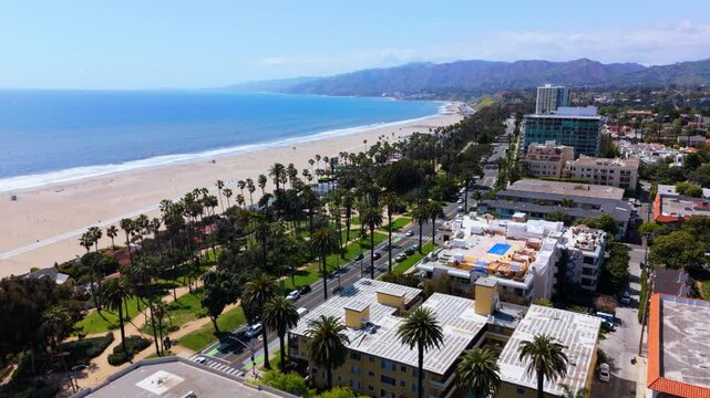 Aerial Forward Flight Over Santa Monica Coastline with Scenic Ocean and Palm Tree Views