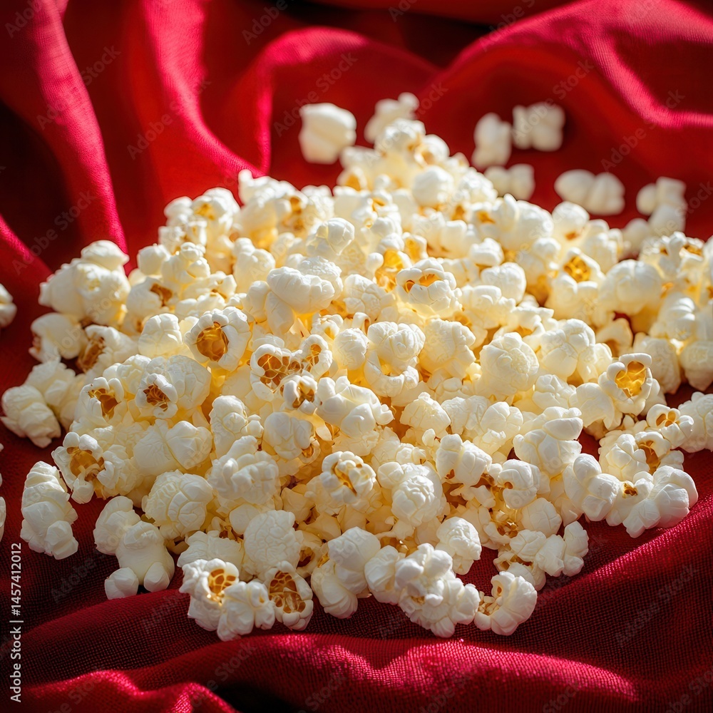 Poster a close-up shows a pile of popcorn, its airy texture contrasting with the soft red fabric beneath. a
