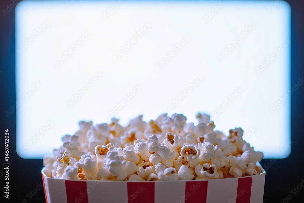 Poster A bucket overflowing with buttery popcorn sits in front of a brightly lit screen, setting the scene for a cozy night of entertainment.