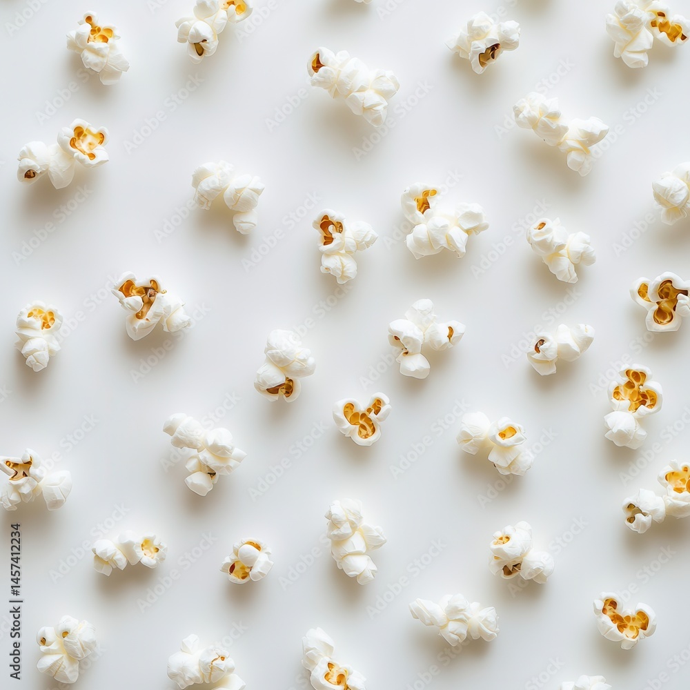 Poster Scattered popcorn pieces on a white background create a simple and visually appealing pattern. Perfect for movie night or snack themes.