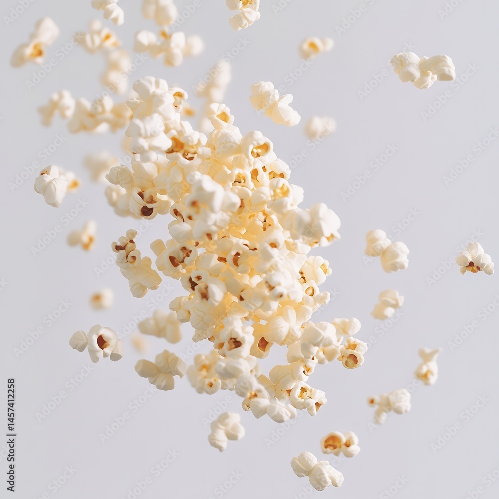 Poster popcorn cascade: light, airy kernels suspended in a gentle float, inviting a delightful snack experi