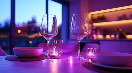 Modern dining setting, illuminated with vibrant hues