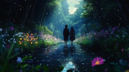 lovers walking barefoot through creek surrounded by wildflowers