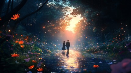 Fototapeta premium lovers walking barefoot through creek surrounded by wildflowers