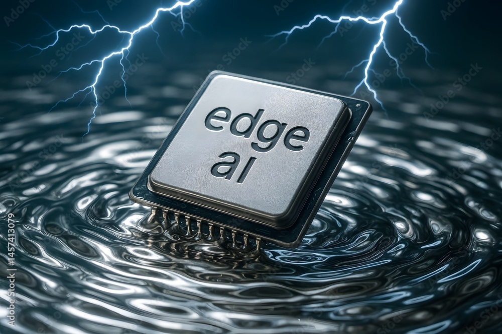 Poster a processor chip inscribed “edge ai” floating on rippling water under electric lightning strikes. co