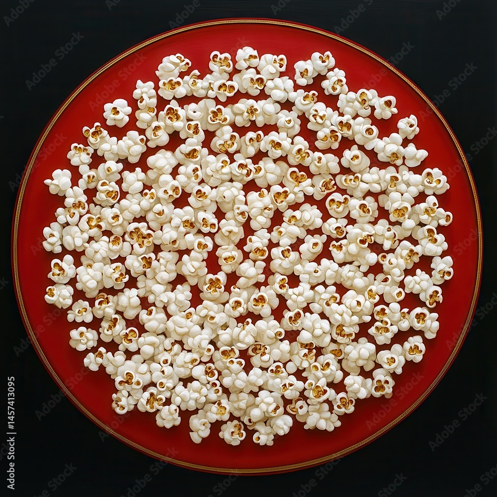 Poster An overhead shot of popped white kernels spread across a round red surface, creating an abstract design and evokes a sense of food indulgence.