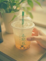 A hand holds a plastic cup with a light-colored drink, bubbles, and a green straw, with a blurry plant in the background.