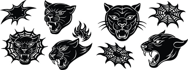 "Vector art sheet of tattoo designs — traditional panther heads, flames, spider webs, ink-ready"   © msmdesign