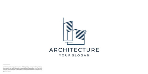 Obraz premium Simple modern building architecture logo design with line art skyscraper graphic.