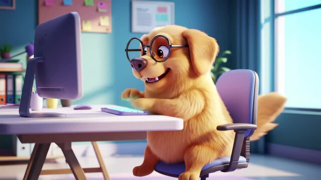 Cute animated golden retriever wearing glasses typing on keyboard on computer in modern office. Concept of funny dog at work, smart animal character, home office productivity
