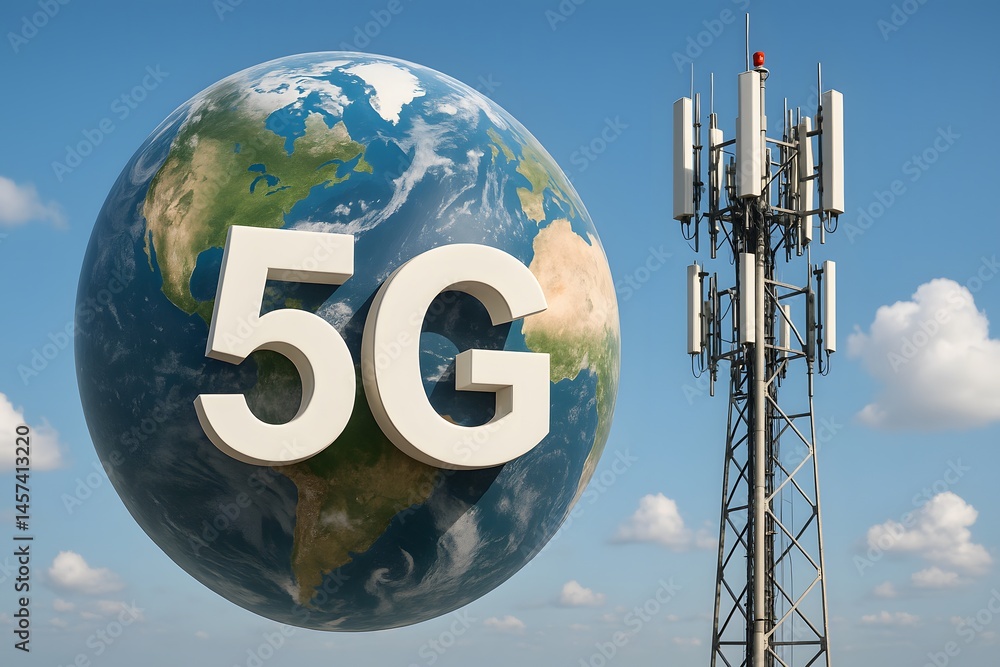Poster a 3d style globe marked “5g” stands beside a cellular tower under a clear sky. concept of global hig