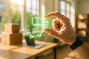 A hand holds a glowing green delivery truck hologram above stacked cardboard boxes in an office. Concept of smart logistics and last-mile delivery.