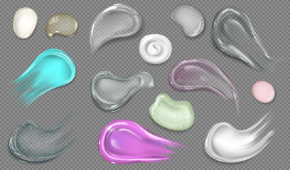 Vector set of drops and smears of cosmetic products of different shapes, colors and consistencies.